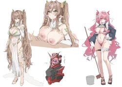 1boy 2girls absurdres alreadyusedpai bikini blush breasts bridal_gauntlets brown_hair bucket cleavage closed_mouth cum cum_on_body dress ejaculation facial frills green_bikini green_eyes gundam gundam_gquuuuuux hair_between_eyes hand_on_own_hip highleg highleg_bikini highres holding large_breasts long_hair long_sleeves mecha mobile_suit multiple_girls multiple_views nipples original paizuri parted_lips pelvic_curtain pink_eyes pink_hair pointy_ears red_gundam robot see-through_clothes see-through_dress simple_background skindentation standing sweat swimsuit thigh_strap twintails very_long_hair white_background white_dress