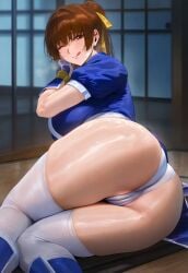 ai_generated arm_guards ass ass_focus back bangs blue_dress breasts brown_hair clothing dead_or_alive dress facing_away female female female_only footwear from_behind hair_ornament hair_ribbon huge_ass indoors kasumi_(doa) large_ass large_breasts legwear long_hair looking_at_viewer looking_back mikayori on_floor pantsu ponytail puffy_short_sleeves puffy_sleeves ribbon sash shiny_skin short_sleeves sitting sliding_doors solo steaming_body sweat tatami thick_ass thick_thighs thighhighs thighs tied_hair underwear wariza white_panties white_thighhighs wooden_floor yellow_ribbon