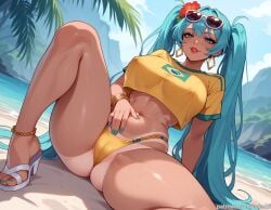 ai_generated anklet aqua_hair balecxi beach bikini_bottom_only bracelet brazilian_miku cameltoe covered_nipples crop_top earrings eyewear_on_head feet female flower hair_ornament hatsune_miku jewelry large_breasts legs long_hair looking_at_viewer nail_polish navel outdoors patreon_username sandals shirt sitting solo spread_legs sunglasses swimsuit tan tanlines thighs toenail_polish toenails toes twintails yellow_bikini