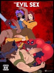 4boys ash_williams_(cosplay) big_ass big_ass_(male) big_dick big_penis brown_hair deadpool_(cosplay) gay halloween headband huge_cock izzy_(jui_nichi) jui_nichi long_hair male male_only penis_against_face penis_on_face saw two_tone_hair uratarou veiny_penis yaoi