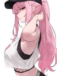 1girls big_breasts bluefield breasts cap highres hololive hololive_english hololive_myth large_breasts light-skinned_female light_skin long_hair looking_at_viewer mori_calliope pink_eyes pink_hair ponytail side_boob side_ponytail side_view sideboob solo solo_female solo_focus virtual_youtuber