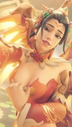 3d alternate_costume areolae black_hair blender blizzard_entertainment breasts cleavage dark_hair eyeliner eyeshadow female female_only green_eyes light_skin looking_at_viewer lunar_new_year lunar_new_year_series mercy overwatch pale_skin red_eyeliner red_lipstick selfie smile solo year_of_the_dog yeero zhuque_mercy