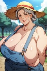 1girls ai_generated blue_sky breasts chubby chubby_female cleavage female female_only gilf grey_hair huge_breasts mature mature_female mature_woman original outdoors outside overweight silver_hair sky solo solo_female ultrahentaisai