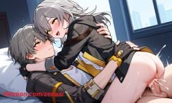 1boy 1girls ahe_gao ai_generated ass bed bedroom blush caelus_(honkai:_star_rail) cum cumshot grey_hair honkai:_star_rail hug open_mouth patreon penis riding_penis selfcest sex stelle_(honkai:_star_rail) tongue tongue_out zenaai