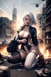 ai_assisted ai_generated apocalyptic ashe_(overwatch) choker city destruction erection exposed_breasts fire futanari lingerie medium_breasts medium_penis overwatch rousherte small_balls sports_bra sportswear sunset tagme techwear white_hair