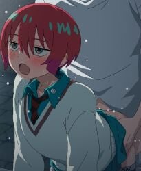 1boy amate_yuzuriha aqua_shirt blue_eyes blush clothed_sex female gundam gundam_gquuuuuux hair_between_eyes implied_penetration open_mouth red_hair school_uniform sex sex_from_behind shirt short_hair sweater_vest tomu_(tomubobu) white_sweater_vest