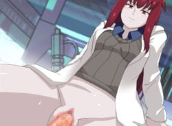 1boy artist_request censored clothed_sex cowgirl_position female labcoat long_hair mon-musu_quest! monster_girl_quest pale_skin promestein red_eyes red_hair sex straddling vaginal_penetration