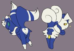 anus artienvy ass balls blue_body blue_fur blue_markings curled_fur duo female fur generation_6_pokemon genitals green_eyes heart_on_butt looking_back male markings meowstic meowstic_(female) meowstic_(male) mismatched_sexual_dimorphism nintendo penile_spines penis pokemon pokemon_(species) presenting presenting_hindquarters raised_tail rule_63 tail vulva white_body white_fur white_markings yellow_eyes yellow_penis