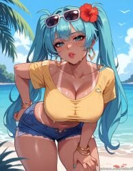 ai_generated aqua_hair balecxi beach bent_over bracelet brazilian_miku cleavage covered_nipples denim denim_shorts earrings eyewear_on_head female hair_flower hair_ornament hand_on_own_hip hatsune_miku hibiscus jewelry large_breasts leaning_forward lips long_hair looking_at_viewer navel nipple_bulge nipples_visible_through_clothing ocean open_fly outdoors parted_lips patreon_username shirt short_shorts sky solo sunglasses tan tanlines thighs twintails vocaloid wet