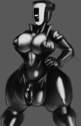 areola_slip cameltoe cleavage glados grey_background greyscale huge_breasts hyper_pussy latex latex_suit nipple_slip no_mouth one_eye open_shirt polygonalfish portal_(series) robot robot_girl valve_(company)