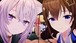 1boy 2girls animated asmr blue_eyes brown_hair cat_ears catgirl clothed_female_nude_male countdown cum cumshot handjob hololive hololive_gamers hololive_gen_0 hololive_japan kemonomimi looking_at_viewer nekomata_okayu original_voice purple_eyes purple_hair robin00 sound tagme tokino_sora video voice_acted