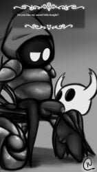 armor balls belly bodily_fluids clothed clothing duo flaccid genital_fluids genitals hi_res hollow_knight kakau221 male male/male non-human non-human_only penis precum shield size_difference team_cherry the_knight_(hollow_knight) tiso_(hollow_knight) toony