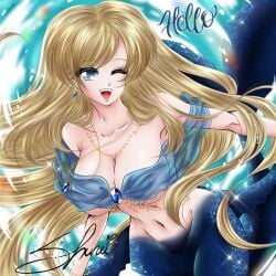 1girls big_breasts blonde_hair blue_eyes breasts busty cute earrings female female_only large_boobs large_breasts light-skinned_female light_skin long_hair maku_masaki_art mermaid mermaid_girl mermaid_tail monster_girl oc original_character shurei_corner solo_female