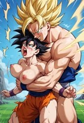 1boy 1girls abdomen ai_generated angle at balls big breasts cock dragon_ball dragon_ball_z erection eyes goku guys hair huge legs looking low naked nudity penis rule_63 vegeta view viewer