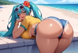 ai_generated ass ass_focus balecxi beach bent_over bracelet brazilian_miku crop_top denim denim_shorts earrings erect_nipples erect_nipples_under_clothes eyewear_on_head female hair_flower hair_ornament hatsune_miku jean_shorts jewelry large_breasts lips long_hair looking_at_viewer looking_back micro_shorts one_eye_closed outdoors patreon_username shirt short_shorts shorts smile solo sunglasses tan tanlines thick_thighs twintails underboob