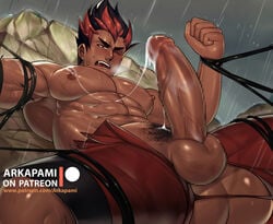 1boy abs arkapami armpits artist_name bara black_eyes black_hair blush bondage censored cum cum_on_chest cum_on_self dark-skinned_male dark_skin erection kiawe_(pokemon) male_focus male_only muscle muscular nintendo nipples open_mouth outdoors patreon pecs penis pokemon pokemon_sm rain red_hair restrained rock saliva short_hair shorts solo sweat teeth testicles text tongue topless torn_clothes url veins veiny_penis wet