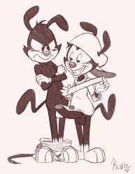 absurd_res animaniacs anthro bottomless bottomwear bottomwear_down brother_(lore) brothers_(lore) clothed clothing duo erection genitals hat headgear headwear hi_res humanoid_genitalia humanoid_penis kcnite male mammal measuring measuring_penis monochrome pants pants_down partially_clothed penis penis_size_comparison sibling_(lore) wakko_warner warner_brothers yakko_warner