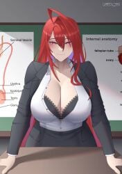 bedroom_eyes big_breasts classroom cleavage elizabeth_rose_bloodflame gyatboi hands_on_desk hololive hololive_english hololive_english_-justice- hololive_justice huge_breasts large_breasts red_hair tagme teacher unbuttoned_shirt virtual_youtuber