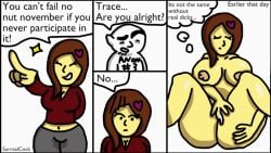 1boy 1boy1girl 1girls anon_3 big_breasts brown_hair comic comic_strip dialogue fingering heart masturbation no_nut_november surrealcock trace_(surrealcock) useless_character vaginal_fluids vaginal_juices vaginal_masturbation wide_hips you_failed_no_nut_november