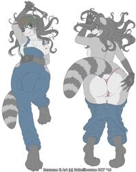 anthro big_bulge breasts bulge clothed clothing dakimakura_design drmellbourne hand_on_butt herm intersex looking_at_viewer mammal nipples overalls pants_down partially_clothed procyonid pussy raccoon smile solo underwear