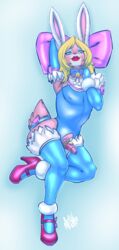 2017 anthro bell blonde_hair blue_collar blue_eyes chastity chastity_cage clothed clothing collar crossdressing fur girly hair hi_res lagomorph legwear lipstick looking_at_viewer makeup male mammal meshpet multicolored_fur open_mouth penis pillow pink_fur rabbit rael_bunni ribbons rubber seductive shiny simple_background smile solo two_tone_fur white_fur