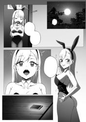 1girls anime anime_style black_and_white bunny_ears bunny_girl commission commission_art female gyaru kitagawa_marin manga moonlight netorare night seductive skru sono_bisque_doll_wa_koi_wo_suru speech_bubble surprised_expression ugly_man