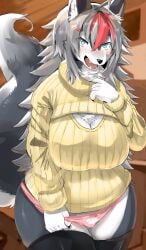 2018 5_fingers accessory ahoge anthro big_breasts black_nose blue_eyes blush breasts camel_toe canid canine canis cheek_tuft cleavage cleavage_cutout clothed clothing clothing_pull countershading cutout facial_tuft female fingers front_view fur grey_body grey_fur grey_hair hair hair_accessory hairclip hi_res huge_breasts inner_ear_fluff kemono legwear looking_at_viewer mammal multicolored_body multicolored_fur nukochi open_mouth panties panty_pull ribbed_clothing ribbed_sweater solo standing stockings sweater topwear tuft two_tone_body two_tone_fur underwear underwear_pull white_body white_fur wolf yellow_clothing