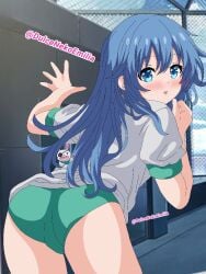 1girls 2d 2d_(artwork) ass ass_focus back_view blue_eyes blue_hair date_a_live dulcenekoemilia gym_clothes gym_shorts gym_uniform himekawa_yoshino light-skinned_female long_hair looking_at_viewer rooftop shirt shorts solo solo_female thighs