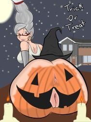 anus ass ass_focus ayase_seiko big_ass big_breasts body_paint dandadan female female_focus glasses grey_hair halloween legs pumpkin_butt pussy pussy_juice vagina