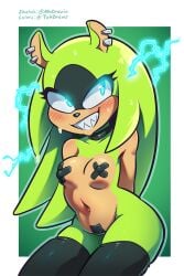 anthro blue_eyes blush blush furry green_fur mhdrawin pasties sega small_breasts sonic_(series) surge_the_tenrec tagme tape the_other_half