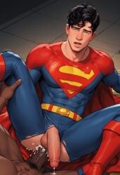 abs ai_generated anal_sex balls bara clothed clothed_sex cum_in_ass cum_inside dc dc_comics foreskin foreskin_folds gay interracial jon-el jonathan_kent male male_only muscular muscular_male penis retracted_foreskin superboy superboy_(jonathan_kent) superherosuckerrr superman_(series) uncircumcised