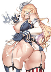 10s american_flag american_flag_legwear ass bare_shoulders belt blonde_hair blue_eyes breasts cation elbow_gloves female from_behind garter_straps gloves headgear huge_ass iowa_(kantai_collection) kantai_collection large_breasts long_hair looking_at_viewer looking_back miniskirt nipples pussy pussy_juice sexually_suggestive skirt slapping solo spanked spanking sparkling_eyes star star-shaped_pupils symbol-shaped_pupils thighhighs uncensored