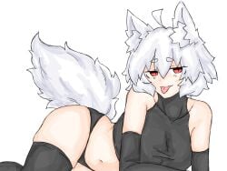 black_panties black_shirt blush breast_focus breasts cat_ears fumomono6500 large_breasts looking_at_viewer lying momiji_inubashiri on_floor panties red_eyes shirt suggestive suggestive_look tail thick_thighs thighhighs tongue_out white_hair