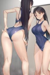 adjusting_clothes adjusting_swimsuit ass back back_cutout bad_id bad_pixiv_id bare_arms bare_legs bare_shoulders black_hair blue_one-piece_swimsuit blush breasts clothes_pull clothing_cutout commentary commission competition_swimsuit covered_navel female from_behind full-length_mirror groin highleg highleg_one-piece_swimsuit highres kneepits large_breasts leaning_forward legs long_hair looking_at_mirror looking_at_viewer mirror multiple_views natalia_dominique one-piece_swimsuit one-piece_swimsuit_pull original pallad pulling_own_clothes purple_eyes reflection skeb_commission standing steam swimsuit thighs water wet