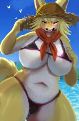 2020 anthro big_breasts breasts canid canine cleavage closed_eyes clothed clothing countershading cute_fangs female female_anthro fox front_view hair hi_res huge_breasts kemono mammal nukochi open_mouth smile solo standing swimwear under_boob