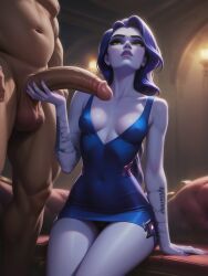 1boy1girl ai_generated big_penis dress erect_nipples erect_nipples_under_clothes imminent_oral imminent_sex looking_up looking_up_at_partner naked_male overwatch penis ragen ragen_nsfw seductive short_dress touching_penis widowmaker