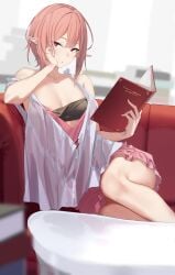 absurdres babydoll book breasts cleavage collarbone commentary_request couch dress female hair_between_eyes hand_on_own_cheek hand_on_own_face highres holding holding_book legs on_couch original pallad parted_lips pink_dress pink_hair pointy_ears reading red_eyes sitting solo white_babydoll