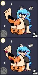 1girls 4_toes candy candy_corn cute cyan_hair cyan_hair_female dark_background disembodied_tongue feet feet_focus female female_focus fnf fnf_mod fnf_mods foot_fetish foot_focus foot_lick foot_worship friday_night_funkin friday_night_funkin_mod ghost grave gravestone halloween halloween_costume halloween_theme licking licking_feet licking_socks moon night night_sky orange_socks pupils salked shaded signature simple_background skyblue skyblue_(friday_night_funkin) sweets tagme toes tongue watermark