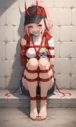 1girls ai_generated arms_tied_behind_back bondage bound, bound_ankles bound_legs gag gagged green_eyes hat helpless honkai:_star_rail looking_at_viewer pink_hair rappa_(honkai:_star_rail) tape_gag tied_up toes_tied