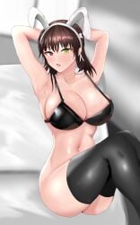 1girls 2d 2d_(artwork) ass belly belly_button big_ass black_hair blush bra breasts bunny_ears couch date_a_live heterochromia light-skinned_female looking_at_viewer medium_breasts no_panties red_eyes short_hair socks solo solo_female thick_thighs thighs tokisaki_kurumi