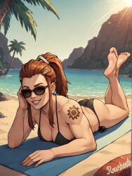 ai_assisted ai_generated ass beach big_breasts bikini brigitte brown_hair feet lying_on_stomach muscular_female overwatch overwatch_2 palm_tree ponytail rousherte seaside sunglasses sunny tattoo tinted_eyewear