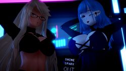 2girls 3d alma_armas arms_up big_breasts blonde_hair blue_hair dark-skinned_female dark_skin half-closed_eyes hands_behind_head kira_miki koikatsu large_breasts long_hair looking_at_viewer pale-skinned_female pale_skin showing_breasts showing_off spiritofrei tongue tongue_out va-11_hall-a wink winking_at_viewer