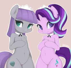 2018 absurdres blush collar cute cutie_mark darkpotzm duo earth_pony equine eyebrows eyebrows_visible_through_hair eyelashes eyeshadow female friendship_is_magic frown headdress highres horn horse makeup mammal mascara maud_pie_(mlp) multicolored_hair my_little_pony navel nude pony portrait purple_eyes purple_hair pussy shy signature simple_background standing star star_eyes starlight_glimmer tan_background teal_eyes three-quarter_portrait two_tone_hair unicorn