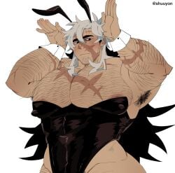 armpits bara big_pecs bunny_boy bunny_costume bunny_ears bunnysuit child_bearing_hips dark-skinned_male dark_skin hairy hairy_armpits hairy_male huge_pecs long_hair looking_down muscular pecs scar scars shuuyon thick_eyebrows thick_thighs white_hair