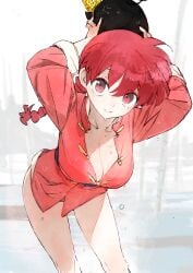 arms_up ass_visible_through_thighs bare_legs bare_thighs big_breasts blush braided_ponytail breasts chinese_clothes cleavage closed_mouth long_hair long_sleeves no_bra no_pants p-chan ranma-chan ranma_1/2 ranma_saotome red_eyes red_hair ryoga_hibiki smile thighs toi8 water wet_body wet_clothes wet_hair