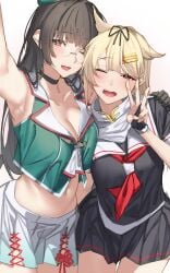 2girls armpits black_choker black_gloves black_hair black_ribbon black_serafuku black_skirt blonde_hair breasts choker choukai_(kancolle) choukai_kai_ni_(kancolle) cleavage crop_top fingerless_gloves glasses gloves hair_flaps hair_ornament hair_ribbon hairclip hat highres kantai_collection large_breasts long_hair looking_at_viewer medium_breasts miniskirt multiple_girls navel neckerchief one_eye_closed open_mouth pallad pleated_skirt red_neckerchief ribbon sailor_collar scarf school_uniform second-party_source selfie serafuku skirt thigh_gap w white_background white_sailor_collar white_scarf yuudachi_(kancolle) yuudachi_kai_ni_(kancolle)