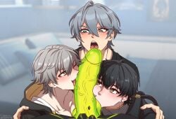 akorin_to alternate_version_available balls big_penis black_hair blush caelus_(honkai:_star_rail) clothed clothing crossover erect_penis erection ethereal_(zenless_zone_zero) gay grey_hair honkai:_star_rail licking licking_penis male male_focus male_only male_rover_(wuthering_waves) monster monster_cock open_mouth oral oral_sex penis rover_(wuthering_waves) sucking sucking_balls sucking_testicles tongue tongue_out veiny_penis wise_(zenless_zone_zero) wuthering_waves yaoi zenless_zone_zero