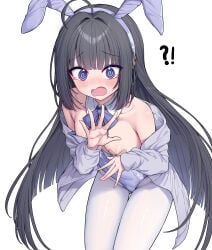 !? 1girls absurdres ahoge animal_ears bandaid bandaids_on_nipples black_hair blush bow bowtie breasts detached_collar embarrassed fake_animal_ears flustered highres jacket leaning_forward leotard long_hair metaljelly off_shoulder open_mouth pantyhose pasties playboy_bunny rabbit_ears simple_background small_breasts solo spiral_eyes tears very_long_hair virtual_youtuber white_background white_pantyhose