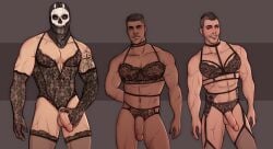 activision bara bara_tiddies bara_tits barazoku big_penis call_of_duty call_of_duty_modern_warfare_2_(2022) circumcised crossdressing crossdressing_male gay ghost_(modern_warfare_2) homosexual john_mactavish kyle_garrick lace lace_panties lace_trim large_penis lingerie lingerie_only long_penis male/male/male male_only marndraws mask penis_out simon_riley soap_(modern_warfare_2) stockings yaoi