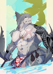 1boy anthro balls bara clothed clothing fish flaccid humanoid_penis jewelry loincloth male male_only marine muscular muscular_male necklace nipple_piercing nipples outside partially_submerged penis piercing scar shark solo standing tattoo topless vein werethrope